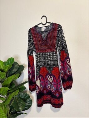 Vintage Papillon boho Knit Long-Sleeve Dress with tie waist L
